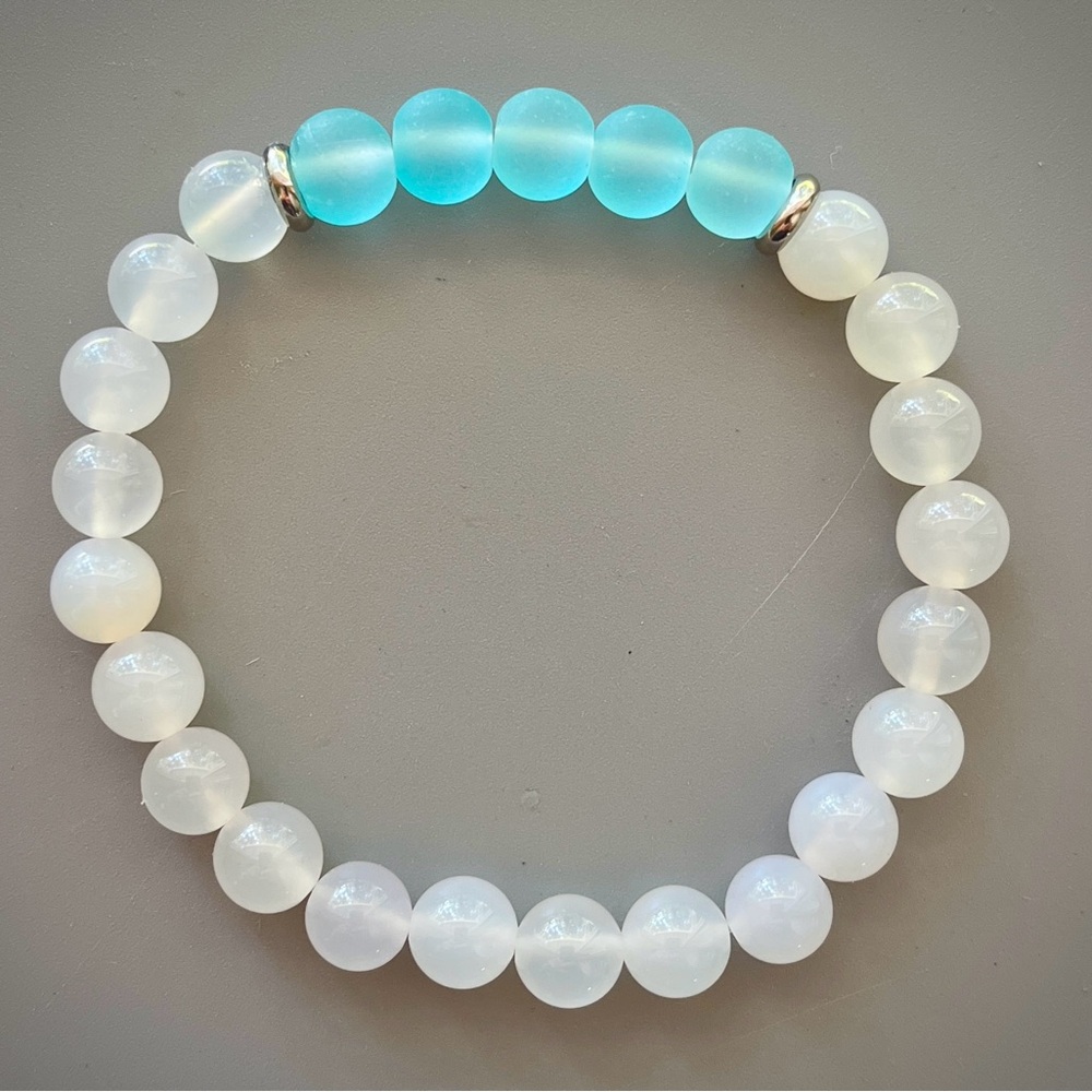 Elegant White Selenite and Blue Sea Glass Handcrafted Beaded Bracelet